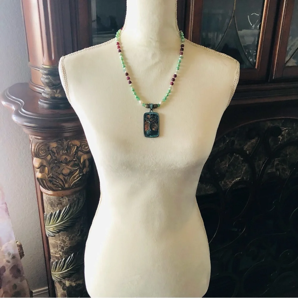 Handcrafted repurpose vintage tree pendant genuine stone pearl necklace